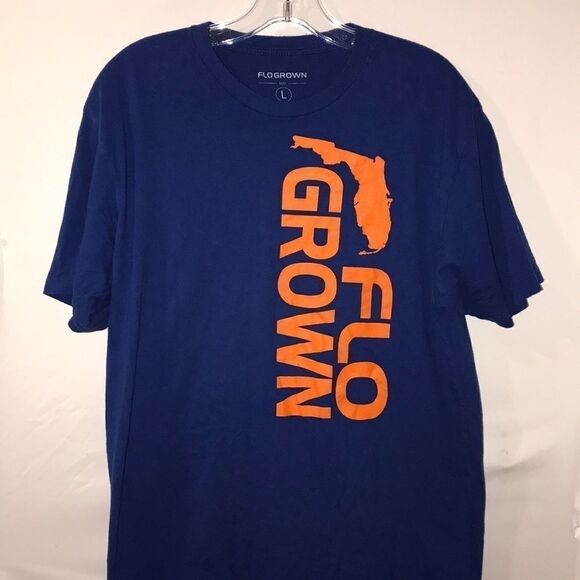Flogrown Men's Blue Orange Crew Neck Short Sleeve Graphic T-Shirt Size Large - Picture 1 of 4